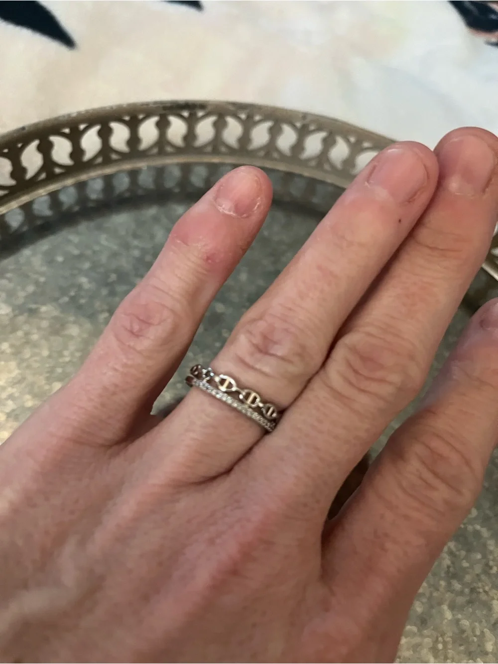 Delicate White Gold Chain Double  Women's Band Ring - Sterling Look